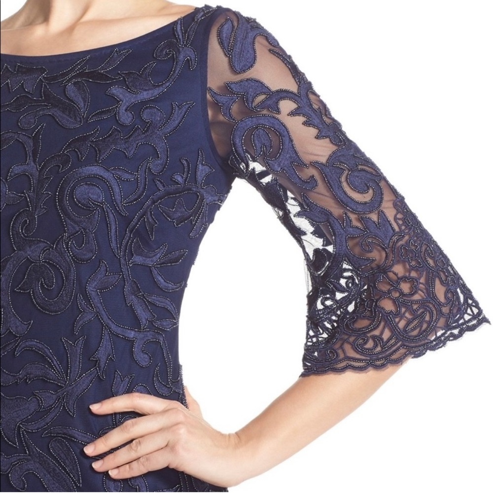 Aidan MATTOX ($475) Beaded Sheer Mesh Sleeve Navy Blue Cocktail Dress 4 - Picture 4 of 14
